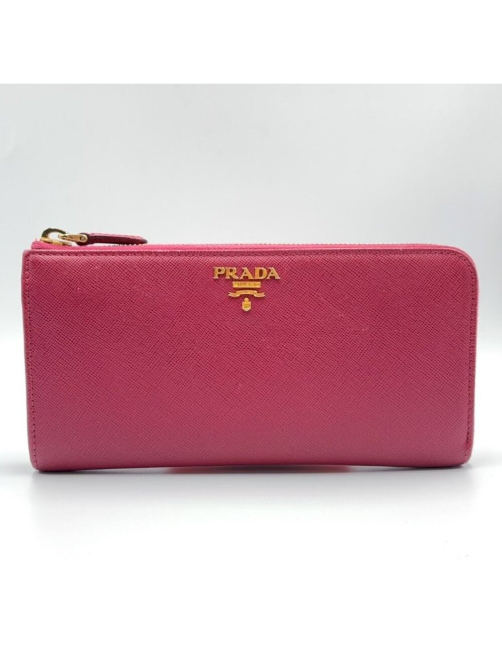 Prada Saffiano Leather L-shaped Zipper Pink Wallet Gold